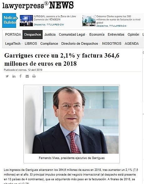 Garrigues crece un 2,1% y factura 364,6 millones de euros en 2018